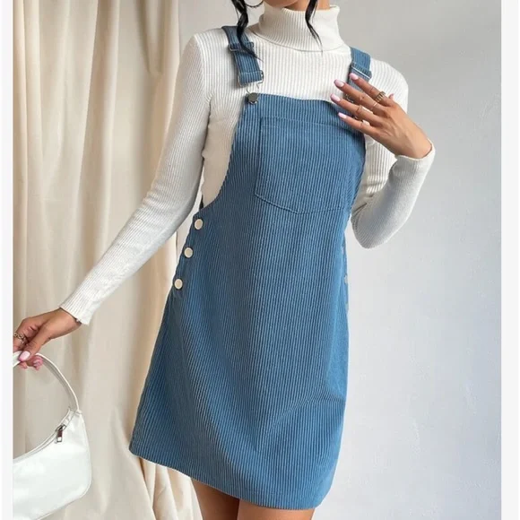 Classic Elegant Corduroy Solid Pocket Jumper Overall Dress Without Sweater - Picture 5 of 13
